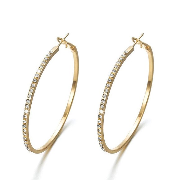 Large Alloy Ring Earrings Encrusted with Simple Fashion Diamond Enlaid - Picture 1 of 10
